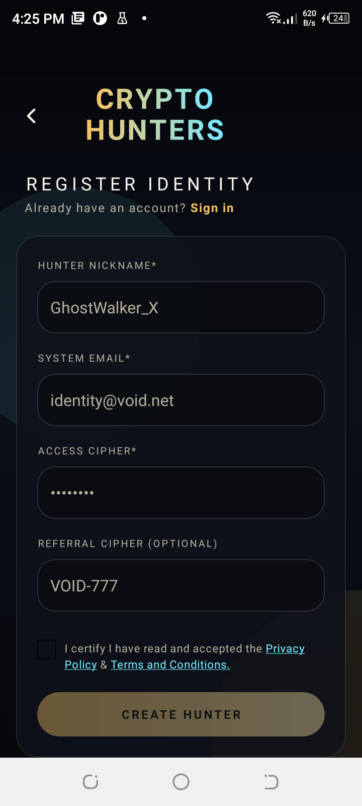 Empty register identity form