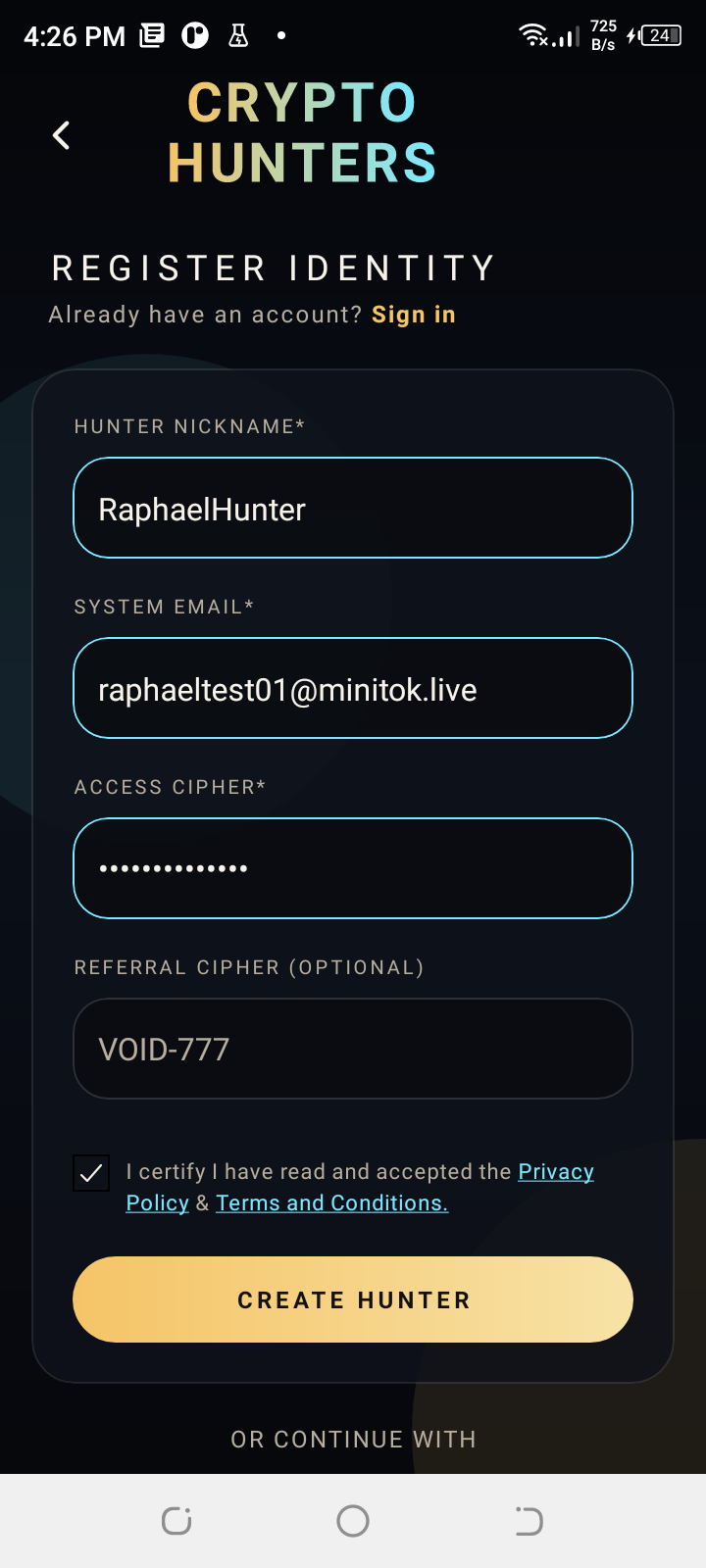 Register form filled in with terms accepted