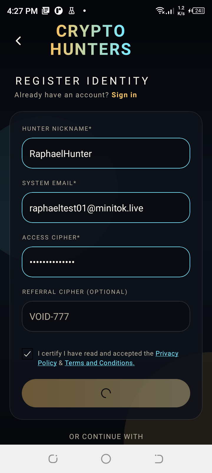 Register button showing loading spinner