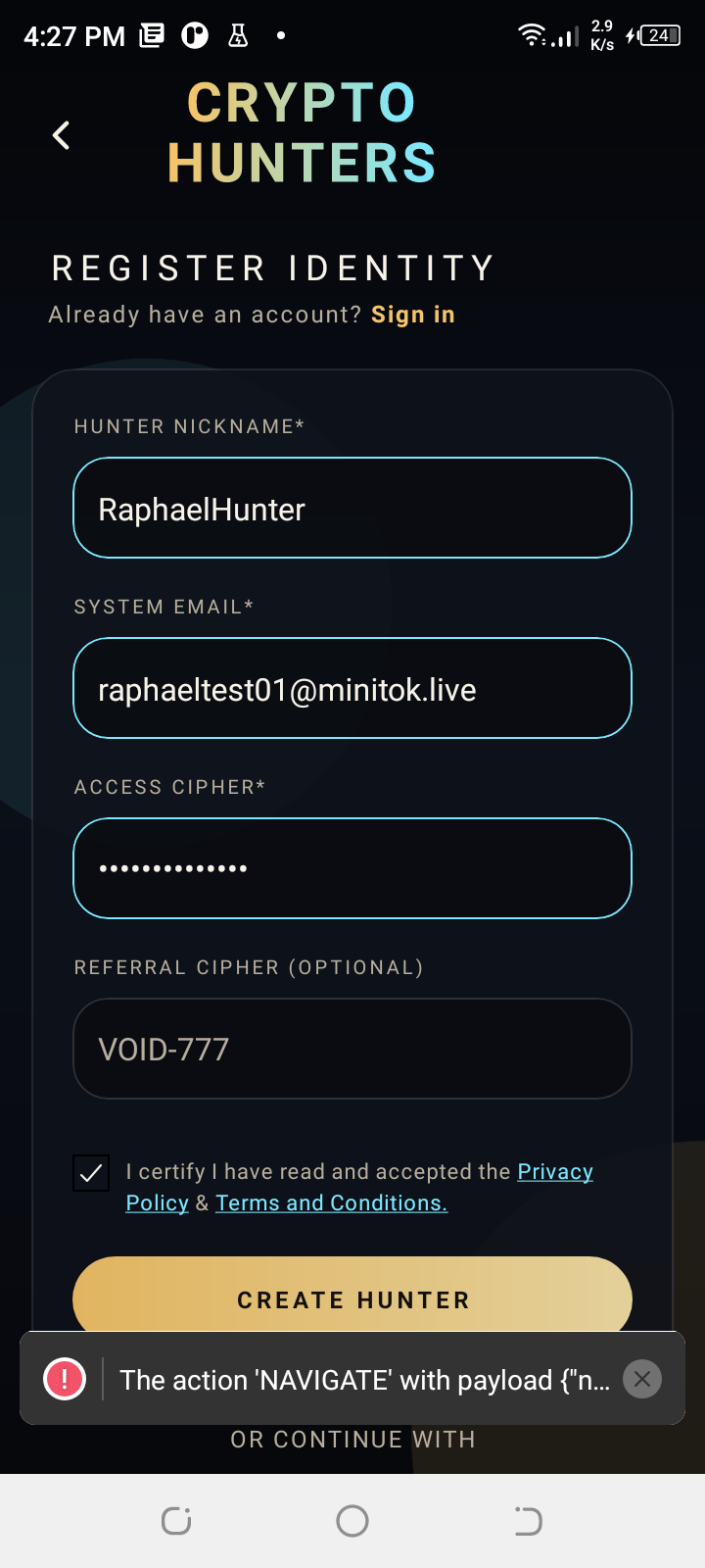 Register screen after account creation