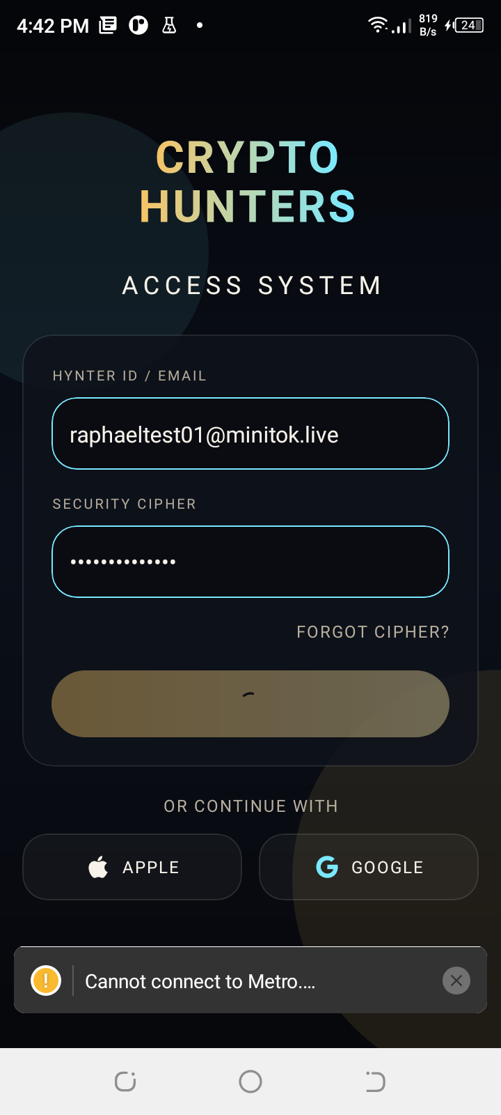 Sign in button showing loading spinner
