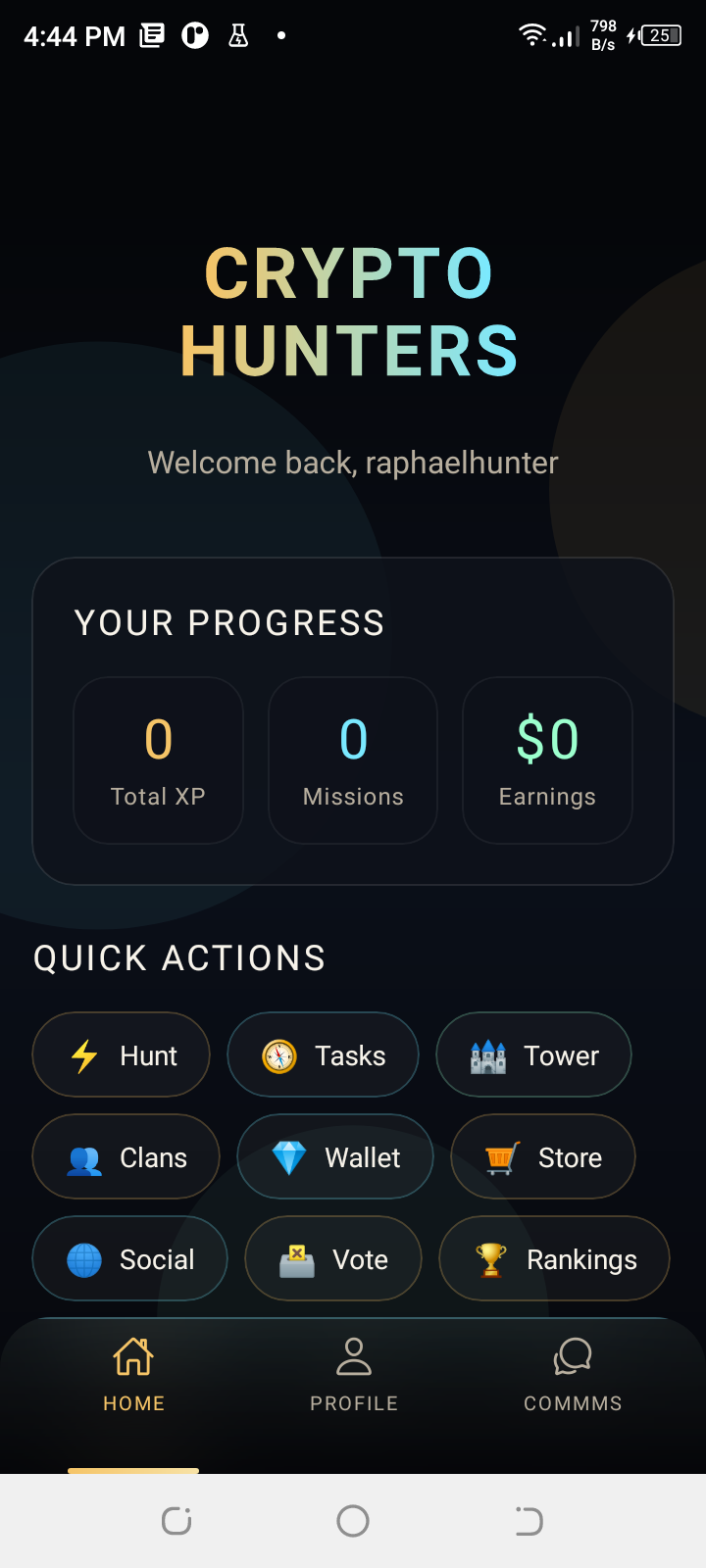 Authenticated dashboard with progress and quick actions
