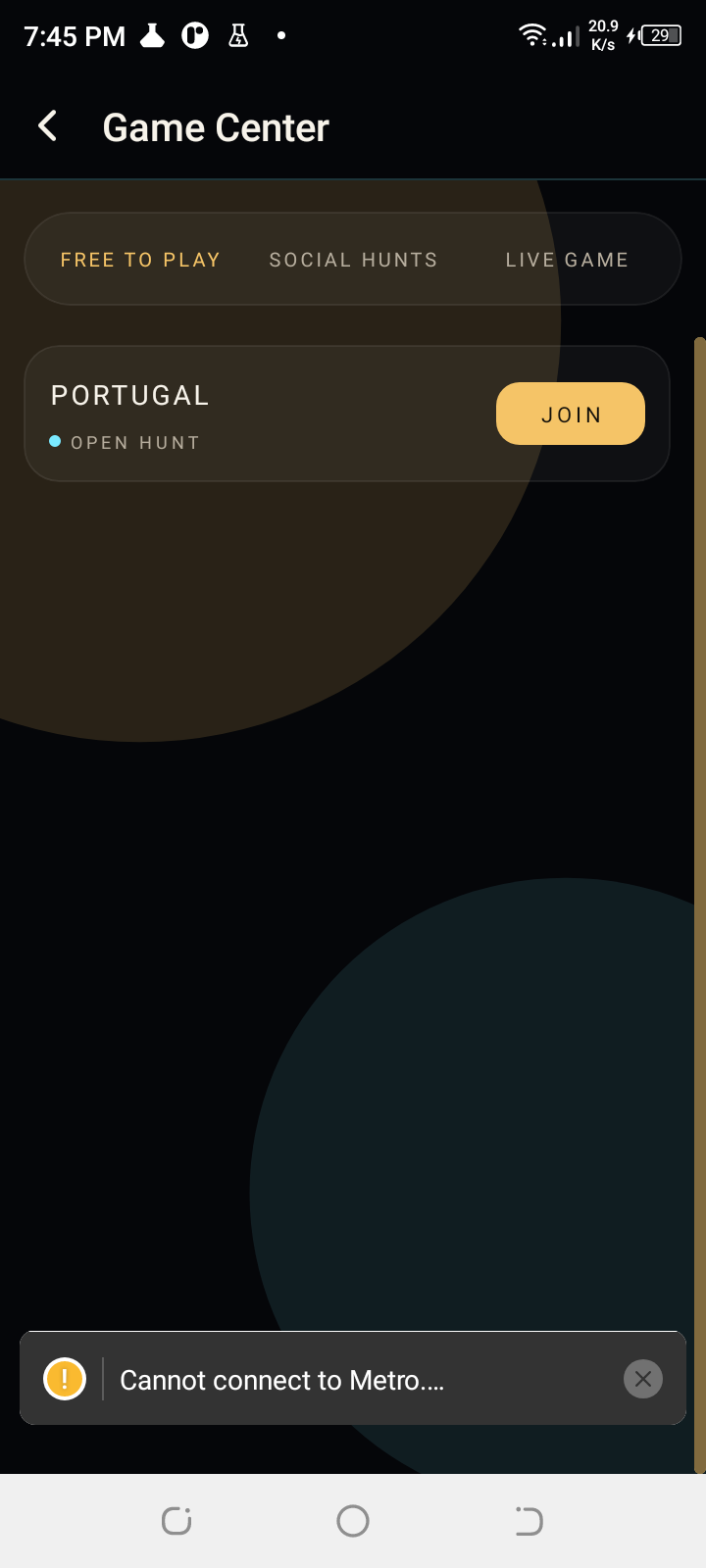 Game Center listing an open hunt with a join button