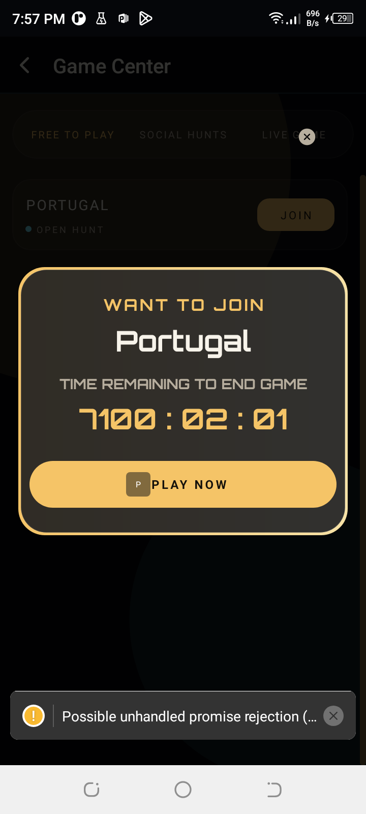 Join confirmation dialog with a countdown and play button